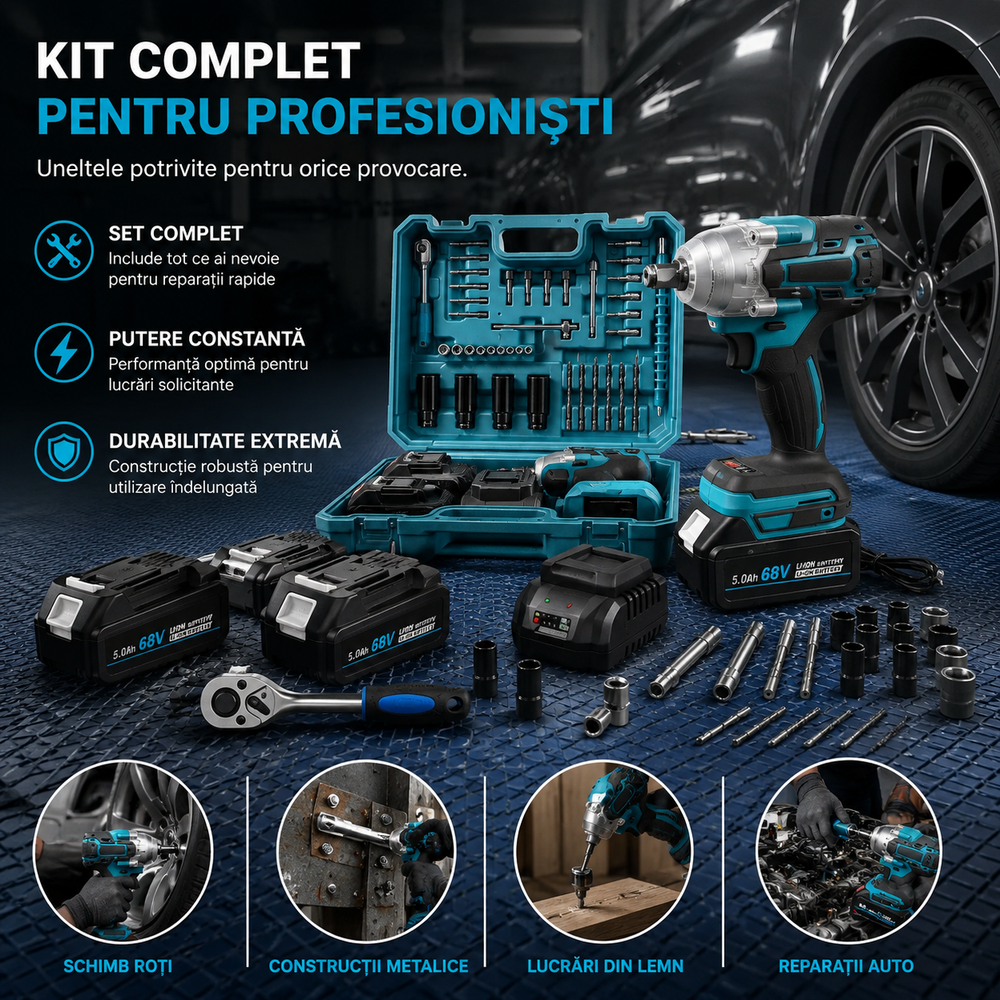 Trusa Masina de Impact si Insurubat 550Nm cu 2 Acumulatori 68V 5Ah, Motor Brushless, 43 Accesorii si Valiza Transport PromotiiZilnice