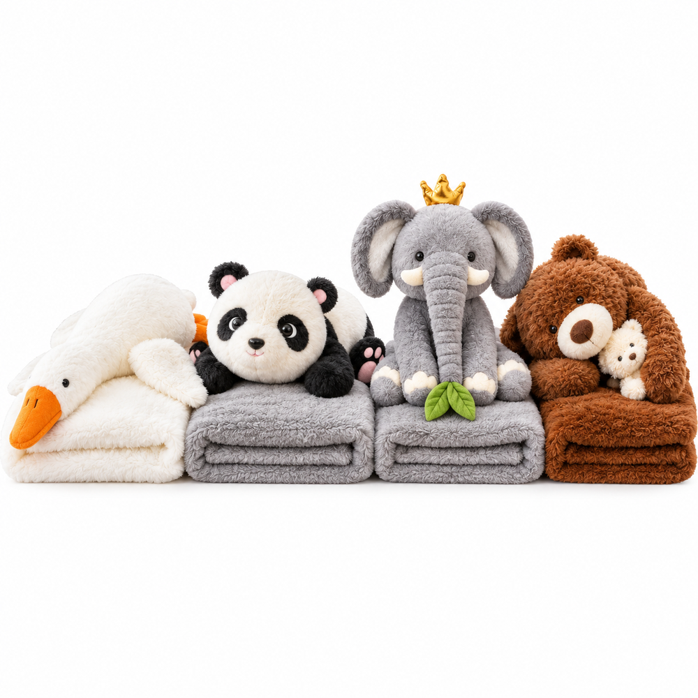 Jucărie de Pluș 2 în 1 cu Păturică Pufoasă 200 × 100 cm, Fermoar Ascuns, Panda, Gâscă, Ursuleț sau Elefant, Model la Alegere Powersale