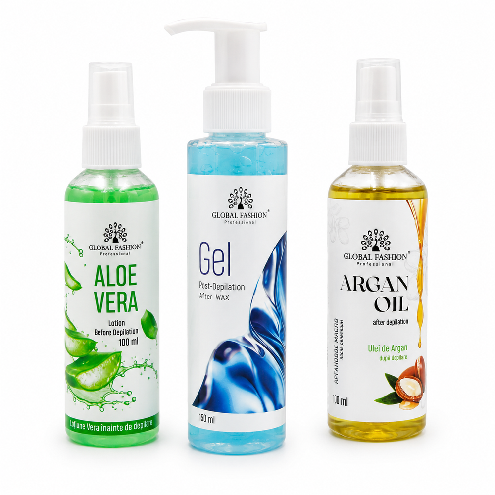 Kit Epilare Profesional Super Price 4 – Încălzitor Ceară Pro Wax100, Ceară Film Lavandă, Aloe Vera, Gel Răcoritor și Ulei de Argan LUXORYABEAUTY
