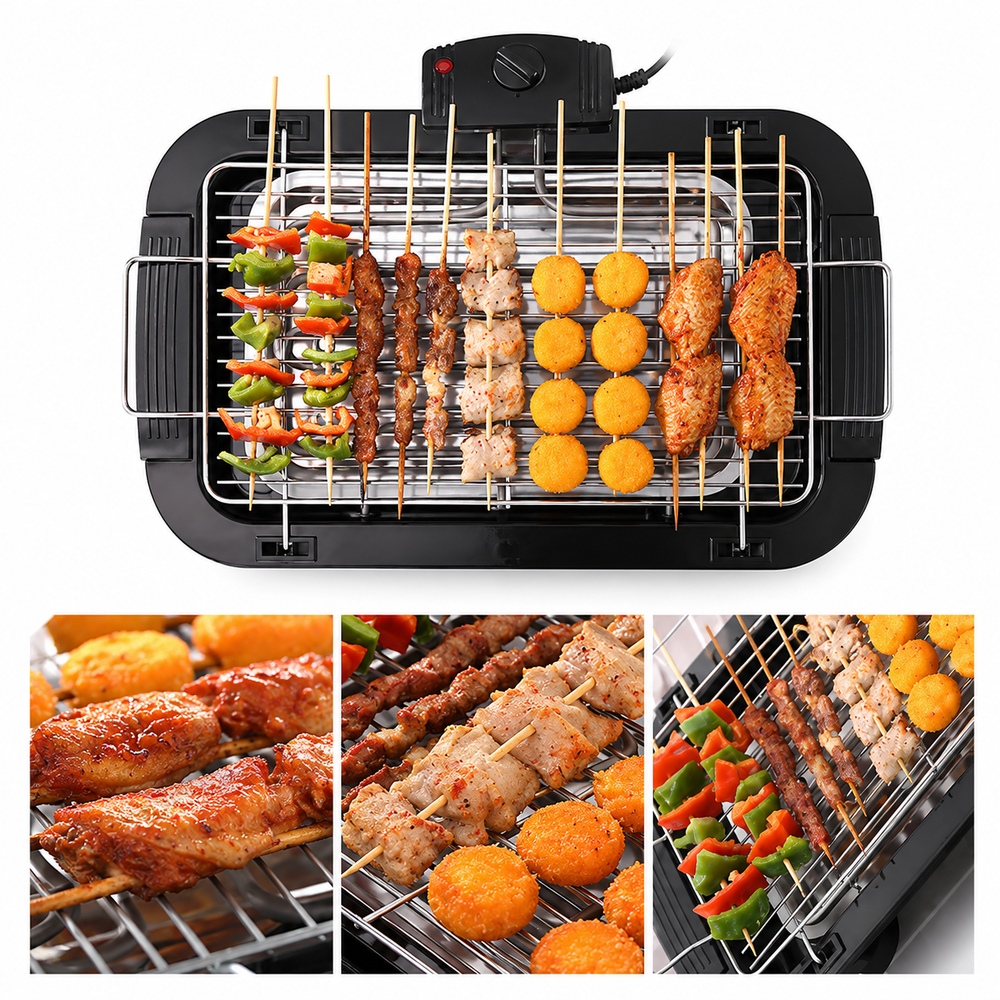 Gratar Electric 2000W, Termostat Reglabil, Grill Portabil pentru Interior si Exterior, Suprafata Mare de Gatire, Incalzire Rapida, Negru PromotiiZilnice