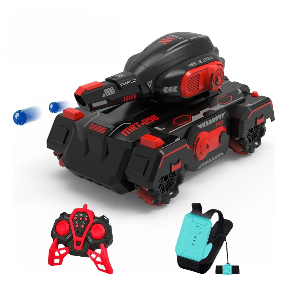 Tanc de Jucarie cu Telecomanda, Control pe Bratara, Bile Hidrogel, Proiectie cu Apa, Rotire 360, Off-road, Lumini si Sunete Interactive – Negru Rosu - PromotiiZilnice