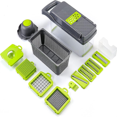 Feliator de Legume Multifuncțional 15 în 1, cu 8 Tăieturi, Lame Inox, Accesorii pentru Tocat și Julienne, Caserolă Inclusă, Verde - PromotiiZilnice
