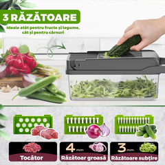 Feliator de Legume Multifuncțional 15 în 1, cu 8 Tăieturi, Lame Inox, Accesorii pentru Tocat și Julienne, Caserolă Inclusă, Verde - PromotiiZilnice