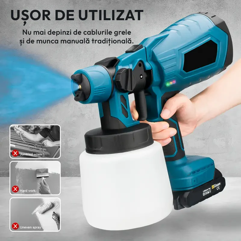 Pistol de vopsit cu acumulator 48V, 800 ml, 3 moduri pulverizare, debit reglabil - PromotiiZilnice