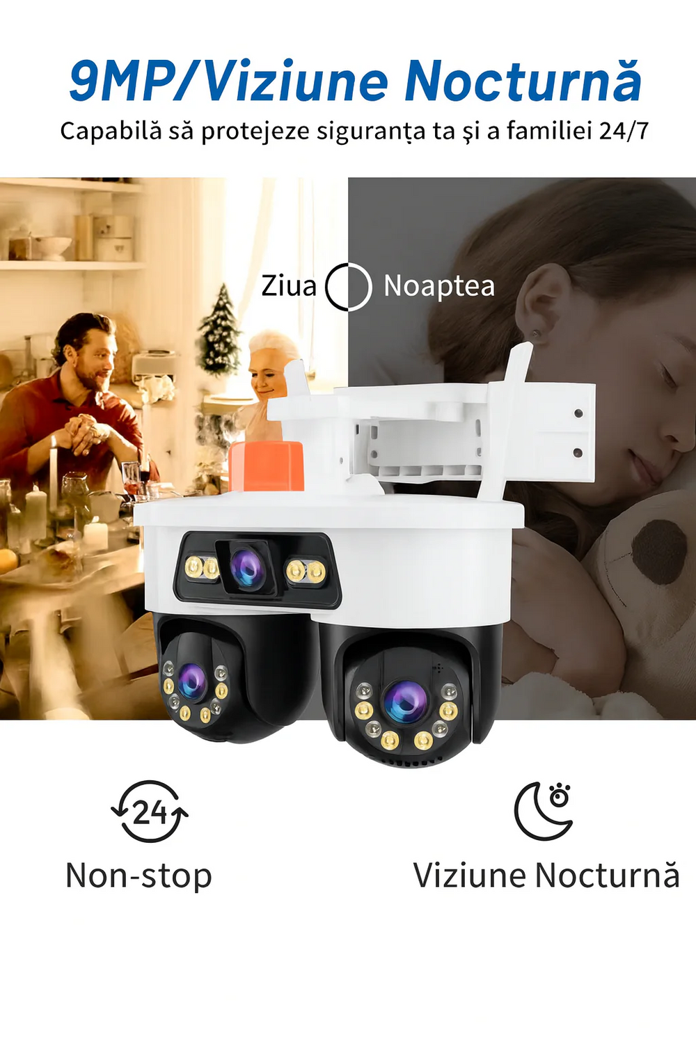 Set 2 Camere WiFi Exterior 9MP 6K cu 3 Lentile si Cap PTZ 355°, Viziune Nocturna Color si Audio Bidirectional, IP66 + 2 x Card 32GB - PromotiiZilnice