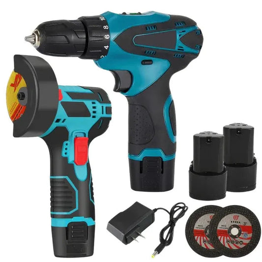 Kit Masina de gaurit cu impact 12V + Mini polizor unghiular, 2 baterii si husa PromotiiZilnice