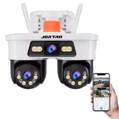 Set 2 Camere WiFi Exterior 9MP 6K cu 3 Lentile si Cap PTZ 355°, Viziune Nocturna Color si Audio Bidirectional, IP66 + 2 x Card 32GB - PromotiiZilnice