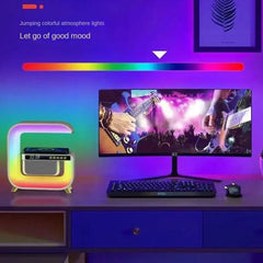 Lampa Smart LED RGB cu difuzor Bluetooth, Incarcare Wireless 15 W pentru Mobil, Ceas, Lumina Ambientala, Alarma, Alb PromotiiZilnice