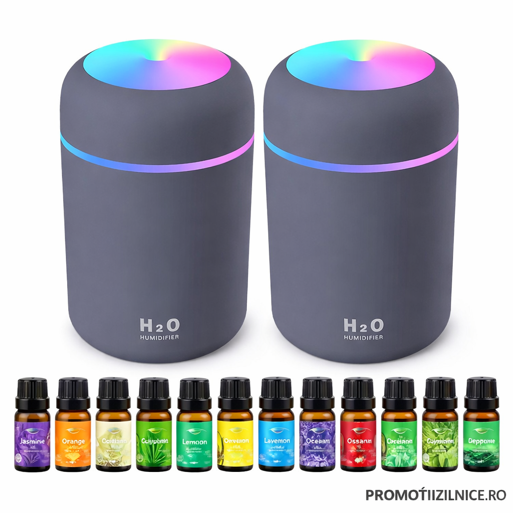 Set 2 Difuzor Aromaterapie cu LED RGB Silentios pentru Casa, Birou si Masina + CADOU 12 Sticlute Aroma PromotiiZilnice