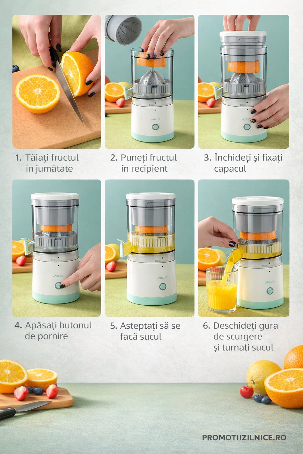 Storcător electric de citrice portabil 45W, 500ml, încărcare USB, alb/turcoaz – Suc proaspăt rapid, sistem separare pulpă PromotiiZilnice