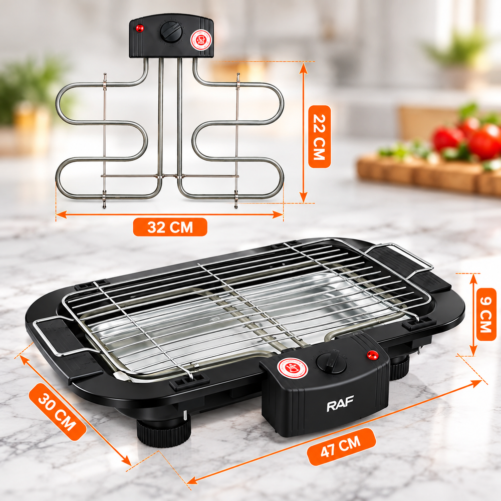 Grătar Electric RAF 2000W, 5 Trepte de Temperatură, Grilaj Inox, Termostat Reglabil, Negru Powersale