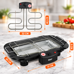 Grătar Electric RAF 2000W, 5 Trepte de Temperatură, Grilaj Inox, Termostat Reglabil, Negru Powersale