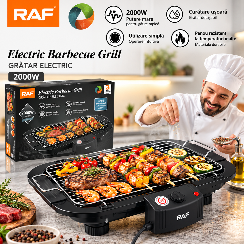 Grătar Electric RAF 2000W, 5 Trepte de Temperatură, Grilaj Inox, Termostat Reglabil, Negru Powersale