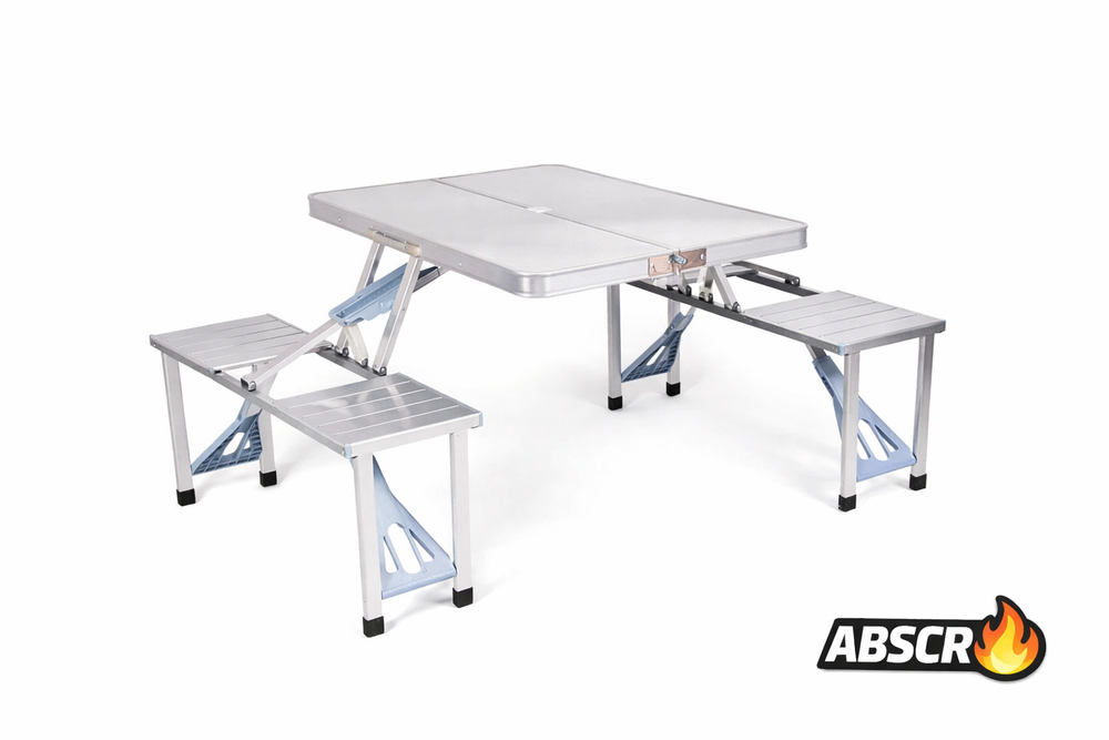 Masa pliabila aluminiu tip geamantan cu 4 scaune si suport umbrela – ideala pentru picnic, camping si gradina Powersale