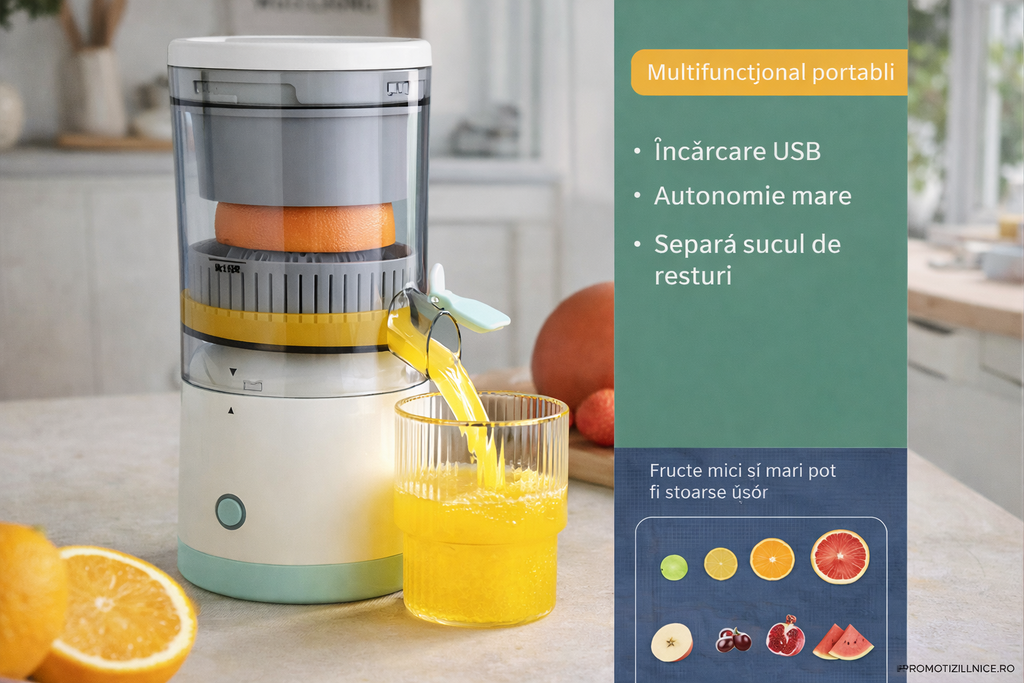 Storcător electric de citrice portabil 45W, 500ml, încărcare USB, alb/turcoaz – Suc proaspăt rapid, sistem separare pulpă PromotiiZilnice