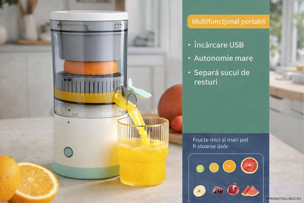 Storcător electric de citrice portabil 45W, 500ml, încărcare USB, alb/turcoaz – Suc proaspăt rapid, sistem separare pulpă PromotiiZilnice