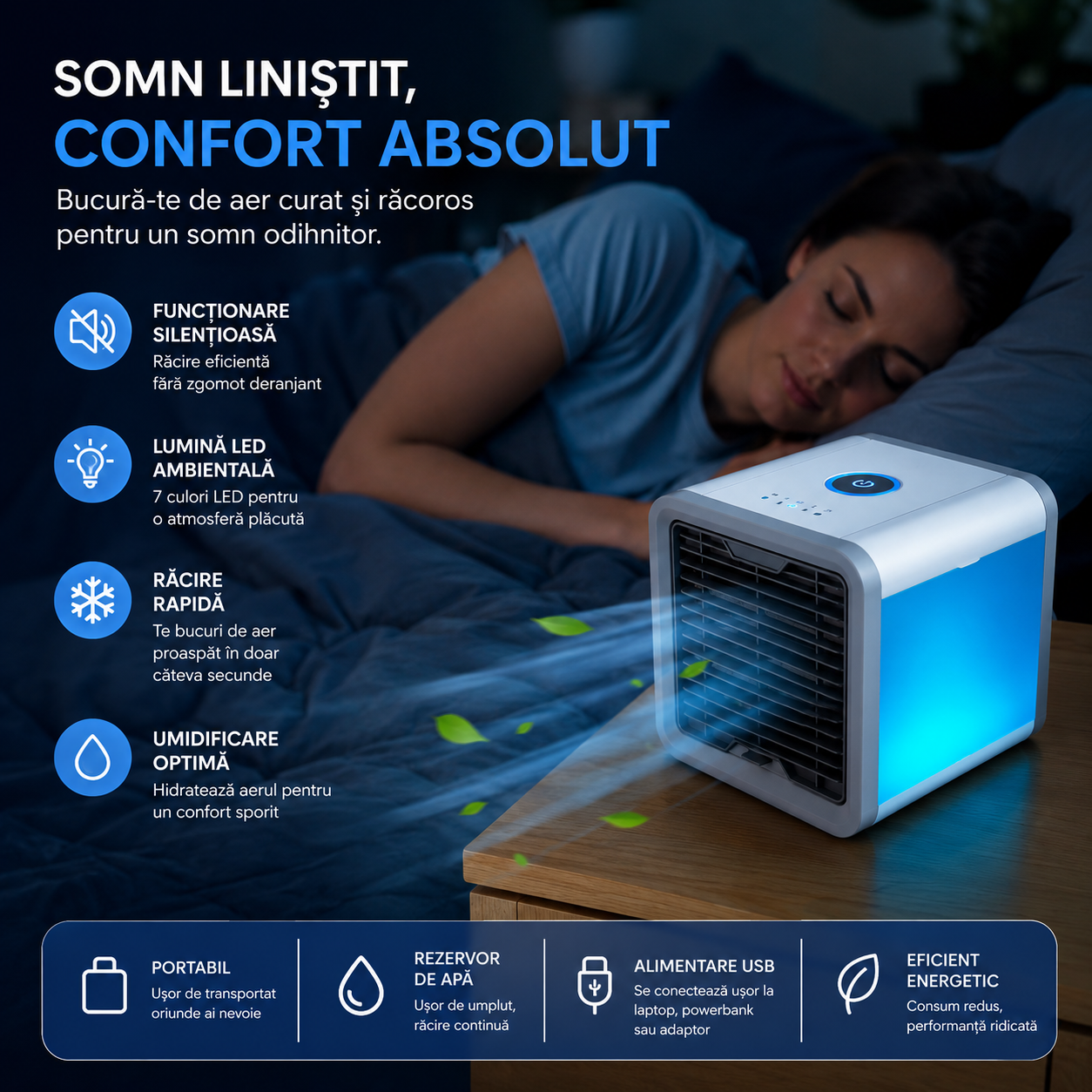 Set 2 Bucăți Mini Răcitor de Aer Portabil Arctic Air Cooler, Umidificare și Purificare Aer, Alimentare USB, LED 7 Culori PromotiiZilnice