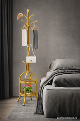 Cuier de podea metalic auriu 34 x 189 cm – cârlige multiple și 2 rafturi de depozitare pentru hol, dormitor sau birou PromotiiZilnice
