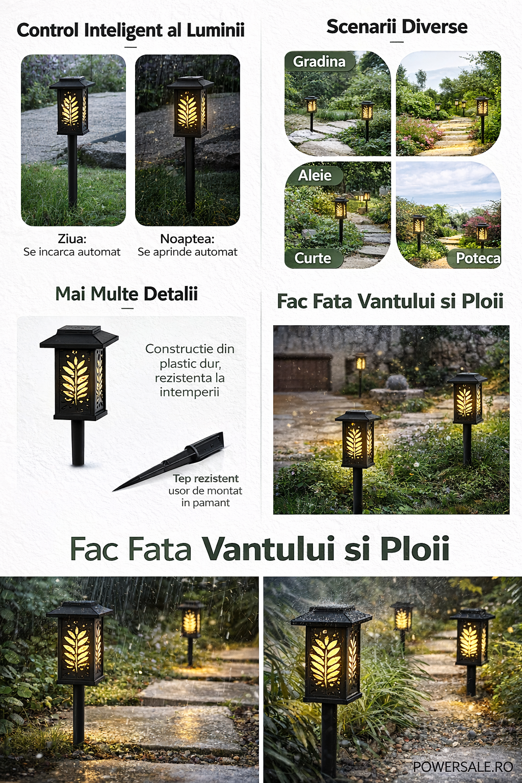 Set 6 Bucăți – Lampă Solară Decorativă pentru Grădină, Model Frunze, IP44, ABS Negru Powersale
