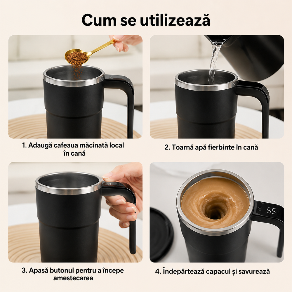 Cană Automată cu Amestecare Magnetică, Inox, Afișaj Temperatură, USB Type-C PromotiiZilnice