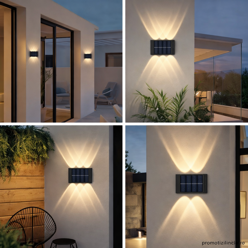 Set 6 x Lampă de Perete Solară Exterior cu 4 LED-uri, Senzor Mișcare & Rezistentă la Apă PromotiiZilnice