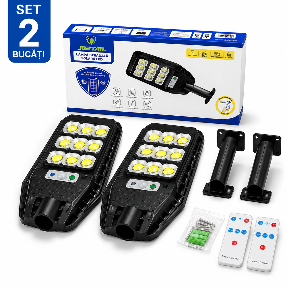 Set 2 x Lampa Solara Stradala JORTAN 100W, 9 Cadrane LED COB, Senzor de Miscare, Telecomanda, IP66, 6500K, Iluminat Exterior Curte si Gradina PromotiiZilnice