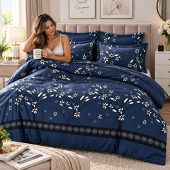 Lenjerie de Pat din Finet, 4 Piese, Model Floral, Bleumarin Powersale