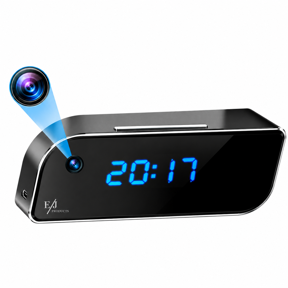 Ceas Digital cu Cameră de Supraveghere WiFi, Full HD 1080P, Viziune Nocturnă, Detecție Mișcare, Microfon, Negru BunSiPractic