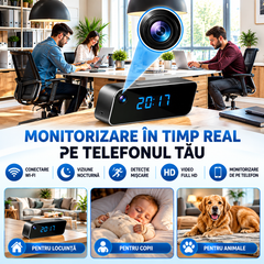 Ceas Digital cu Cameră de Supraveghere WiFi, Full HD 1080P, Viziune Nocturnă, Detecție Mișcare, Microfon, Negru BunSiPractic
