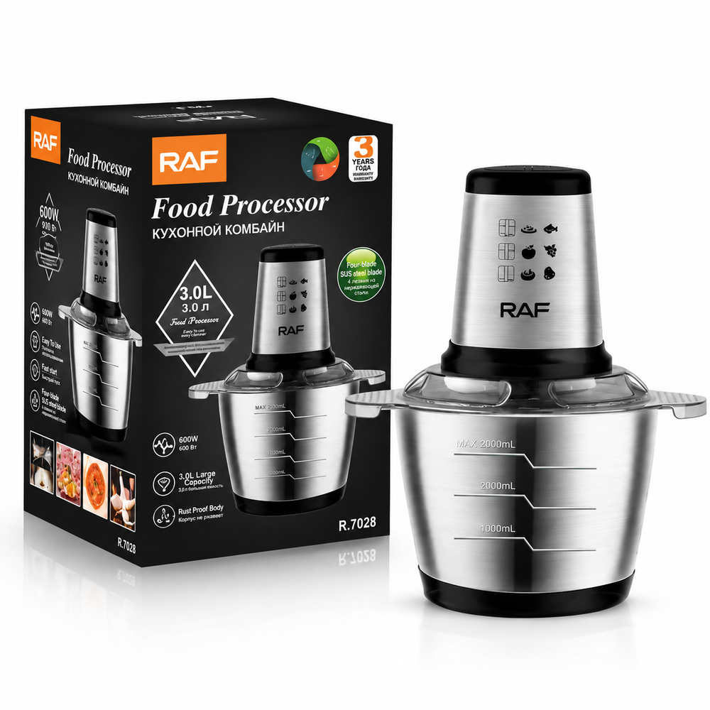 Set 2x Tocator Electric RAF R.7031, 1000W, Bol Inox 3L, 2 Viteze, 4 Lame din Otel Inoxidabil – Tocare Rapida Carne, Legume, Fructe Powersale