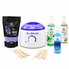 Kit Epilare Profesional Super Price 4 – Încălzitor Ceară Pro Wax100, Ceară Film Lavandă, Aloe Vera, Gel Răcoritor și Ulei de Argan LUXORYABEAUTY