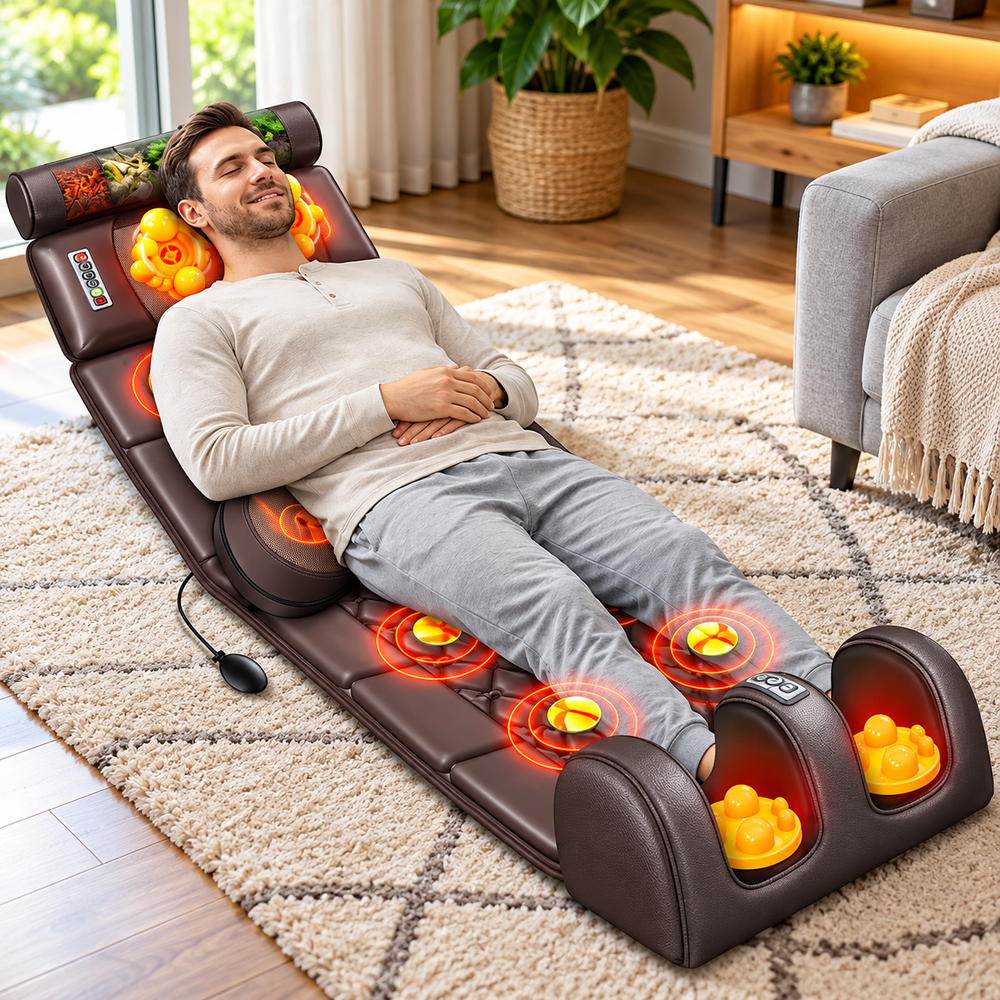 Saltea de Masaj Corporal 5 în 1, cu Încălzire, Shiatsu, Vibrații, Tracțiune cu Aer, 20 Noduri Cervicale, 24 Noduri pentru Picioare, Pliabilă PromotiiZilnice