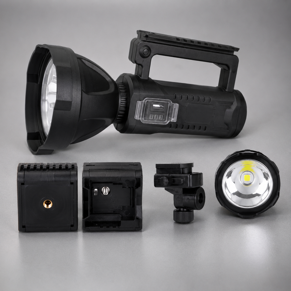Lanterna LED Reincarcabila Profesionala 4000 Lumeni, Functie Powerbank, Trepied Inclus, 4 Moduri Iluminare, USB, Raza Mare de Actiune, Negru PromotiiZilnice