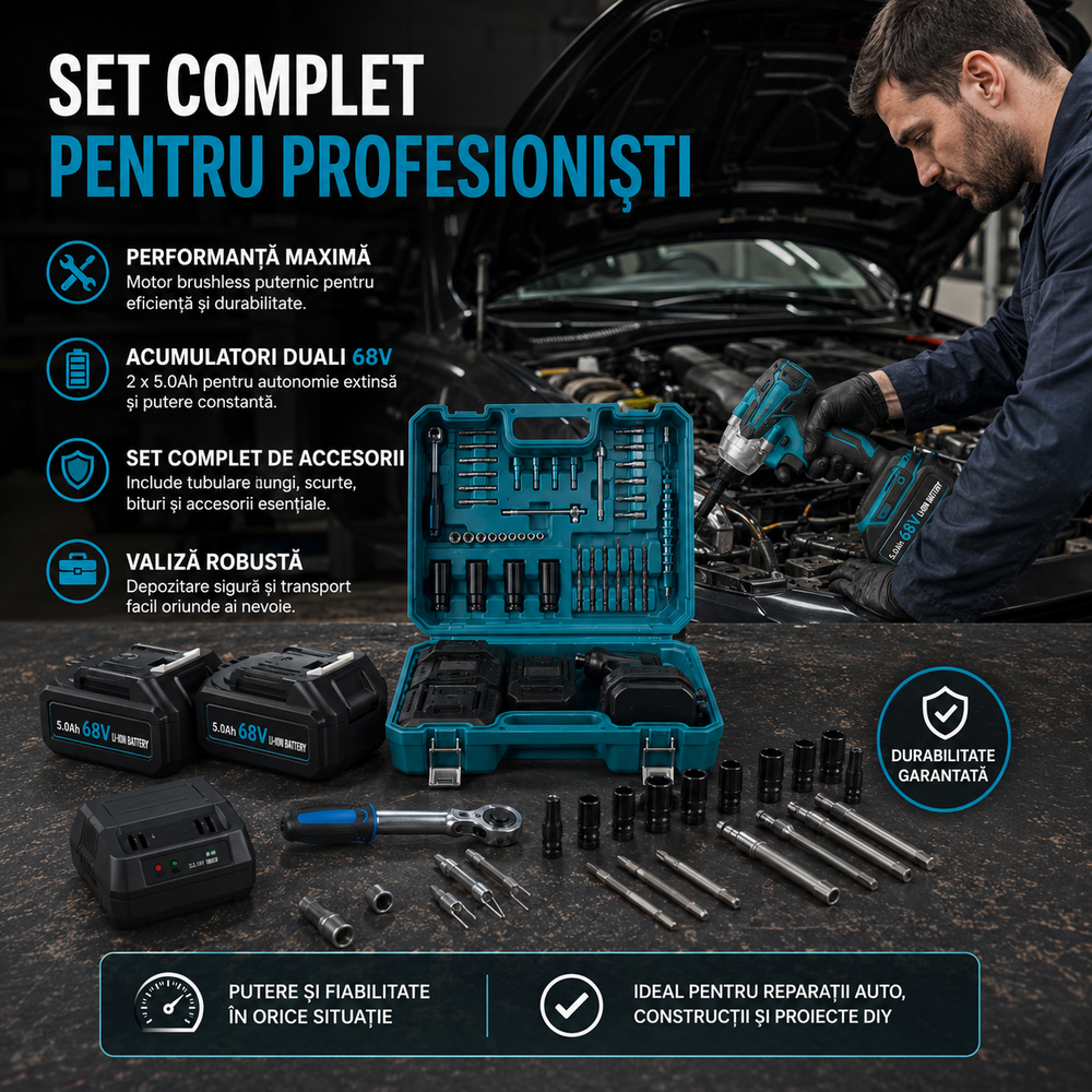 Trusa Masina de Impact si Insurubat 550Nm cu 2 Acumulatori 68V 5Ah, Motor Brushless, 43 Accesorii si Valiza Transport PromotiiZilnice