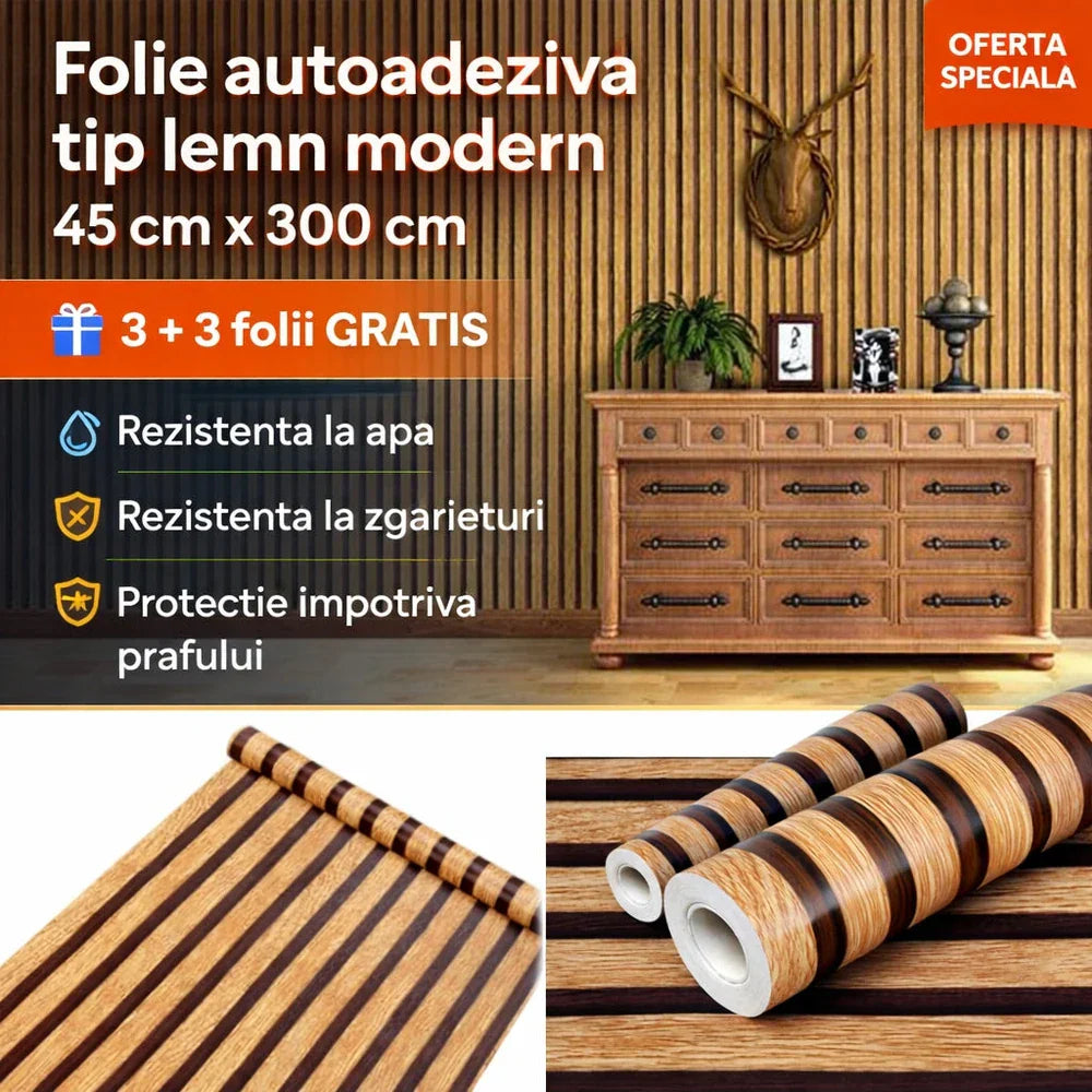 Set 7 Bucăți Folie Autocolantă pentru Mobilier și Pereți Aspect Lemn Modern | 5 + 2 Cadou Powersale