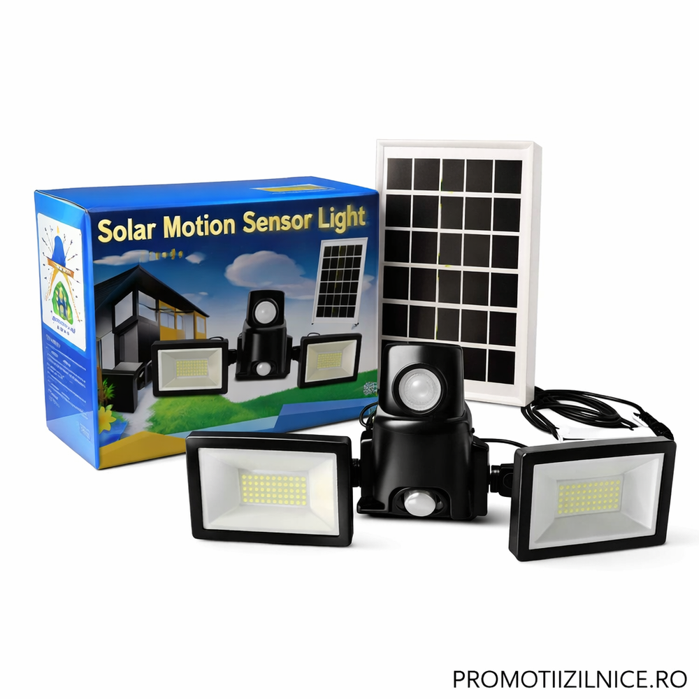 Proiector Solar LED Dublu 200W cu Senzor de Miscare, Telecomanda si Protectie IP67 – Iluminare Exterior Curte si Gradina PromotiiZilnice