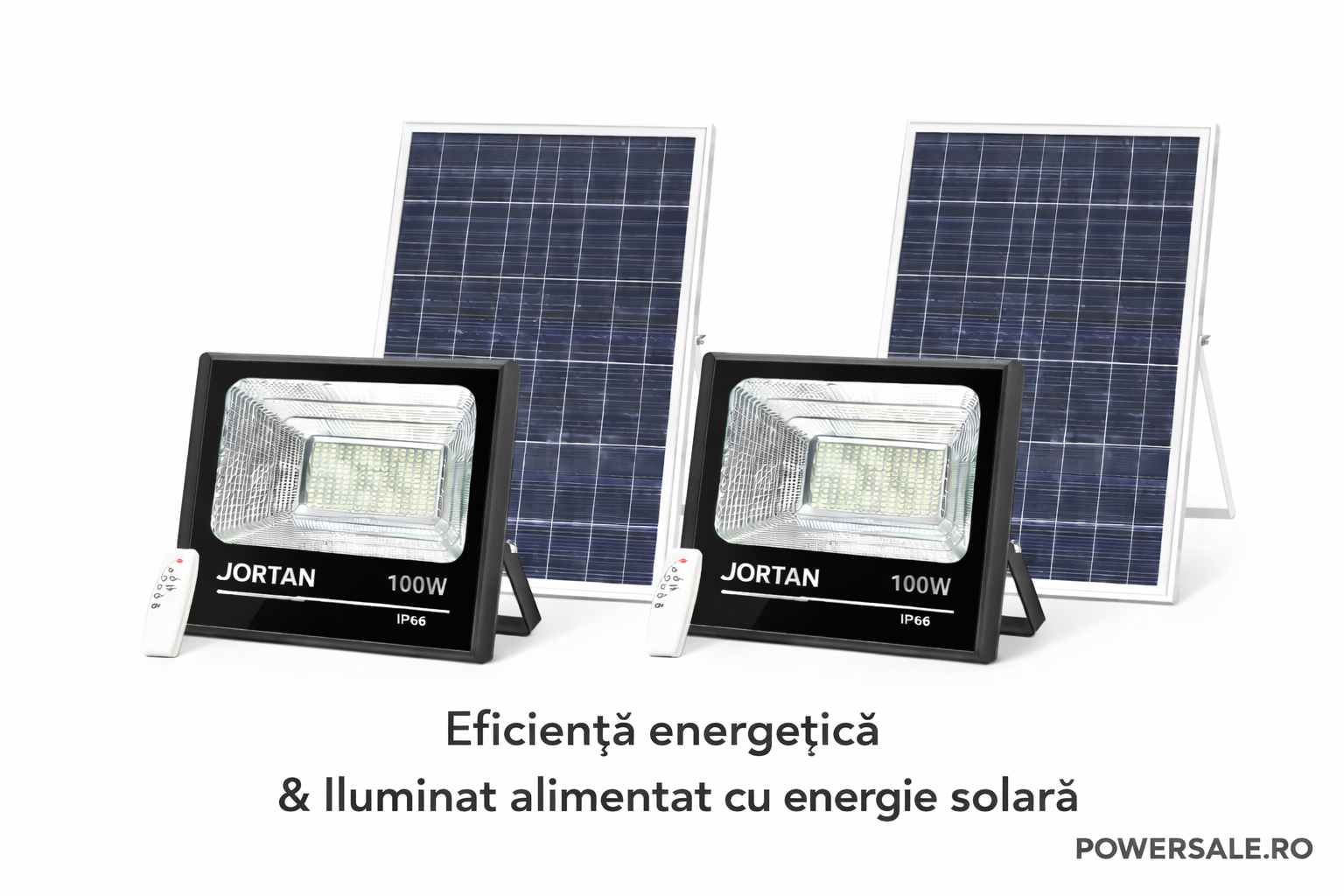 Set 2 Proiectoare Solare JORTAN 100W IP66 + CADOU Cameră Supraveghere Jortan 1080P WiFi cu Card 32GB Inclus Powersale