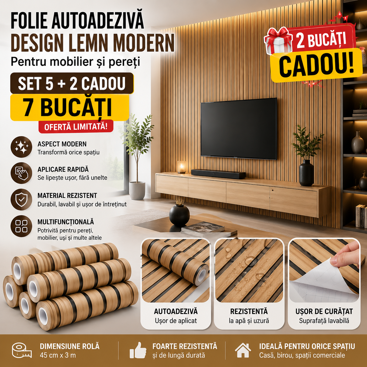 Set 7 Bucăți Folie Autocolantă pentru Mobilier și Pereți Aspect Lemn Modern | 5 + 2 Cadou Powersale