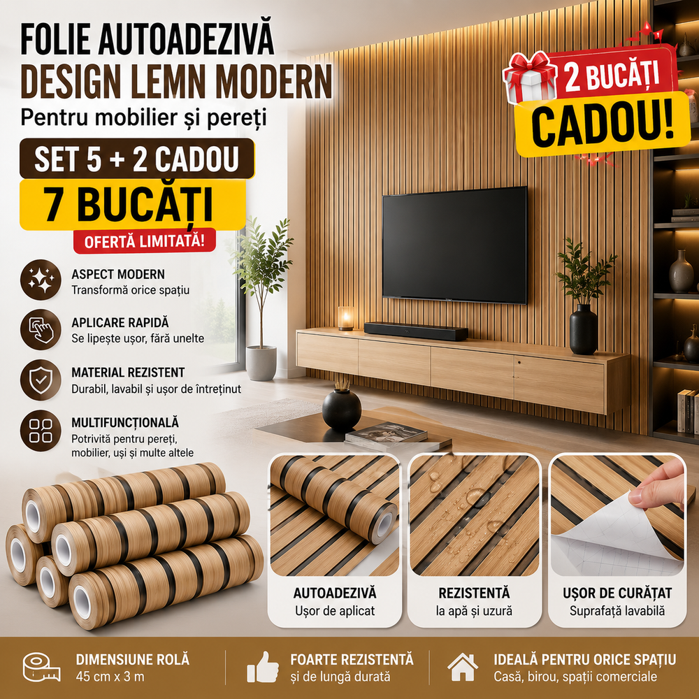 Set 7 Bucăți Folie Autocolantă pentru Mobilier și Pereți Aspect Lemn Modern | 5 + 2 Cadou Powersale