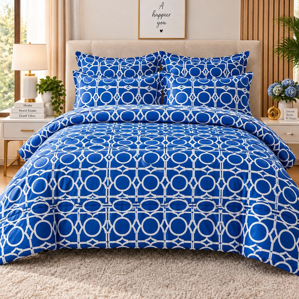 Lenjerie de Pat din Finet, 4 Piese, Albastru cu Model Geometric Powersale