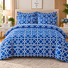 Lenjerie de Pat din Finet, 4 Piese, Albastru cu Model Geometric Powersale
