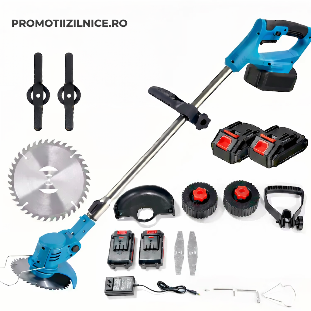 Motocoasă Electrică 3-în-1 PRO 48V cu 2 Baterii Li-Ion și Roți | Trimmer pentru Iarbă, Gard Viu și Crengi Groase PromotiiZilnice