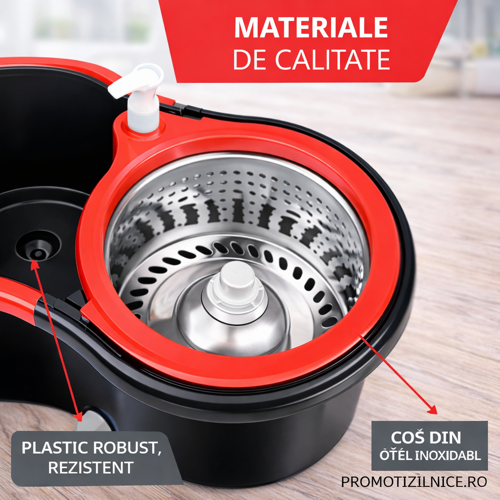 Set Mop Rotativ cu Găleată 360°, Mâner Inox + 5 Rezerve Cadou PromotiiZilnice
