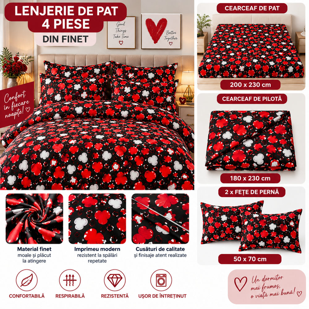 Lenjerie de Pat din Finet, 4 Piese, Model  Negru-Roșu Powersale