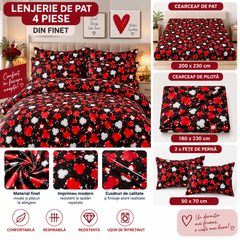 Lenjerie de Pat din Finet, 4 Piese, Model  Negru-Roșu Powersale