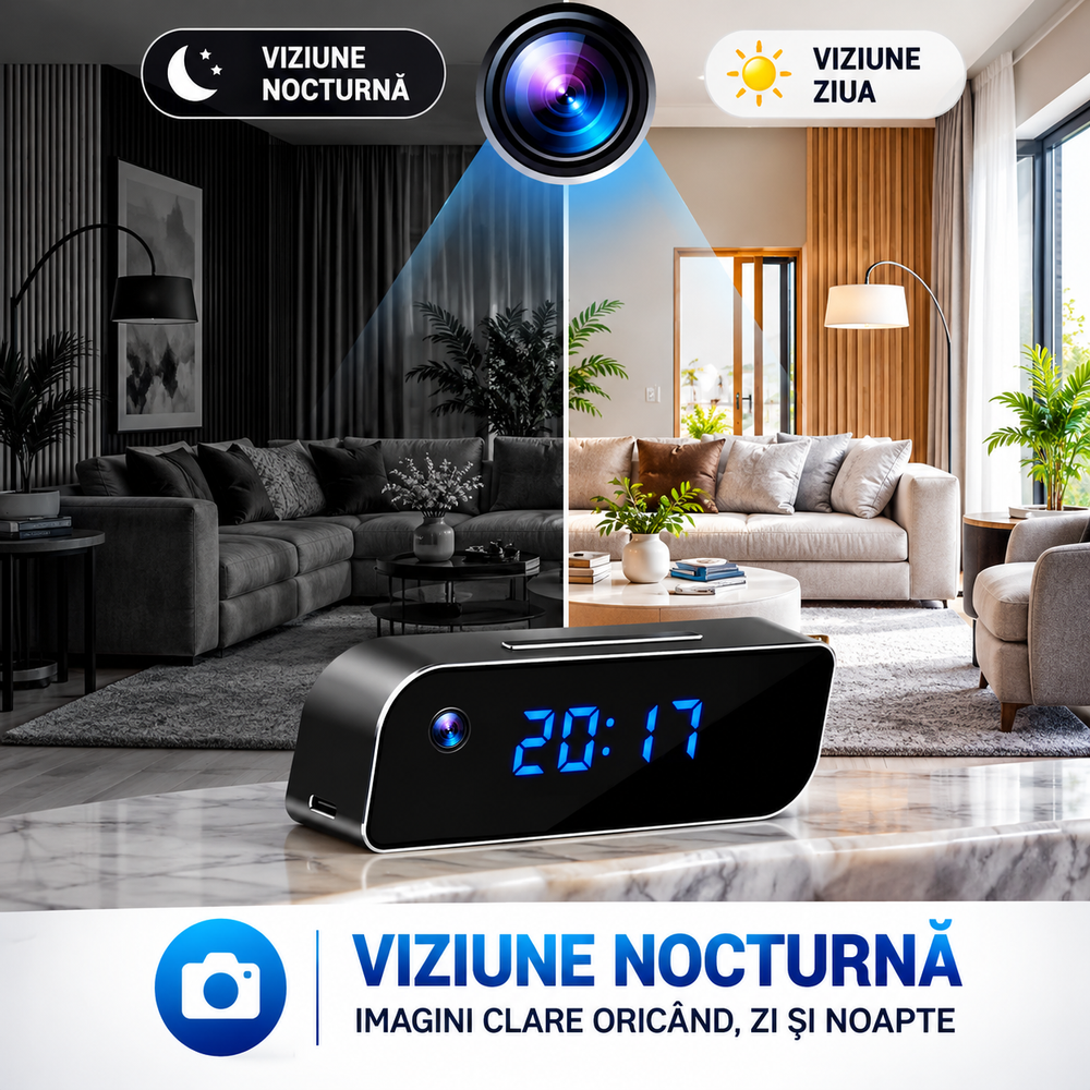 Ceas Digital cu Cameră de Supraveghere WiFi, Full HD 1080P, Viziune Nocturnă, Detecție Mișcare, Microfon, Negru BunSiPractic