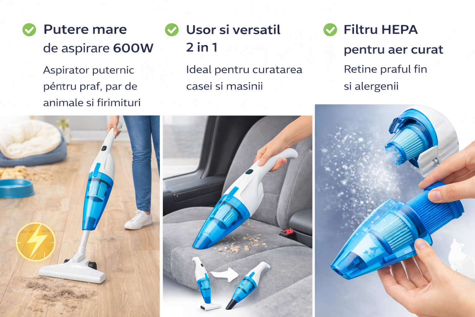 Aspirator Vertical 2in1 600W cu Filtru HEPA – Curatare Rapida pentru Casa si Masina PromotiiZilnice