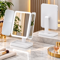 Oglindă Cosmetică LED Pliabilă cu Mărire, 3 Tipuri de Lumină, Intensitate Reglabilă, Control Touch, Suport Rotativ, Albă PromotiiZilnice