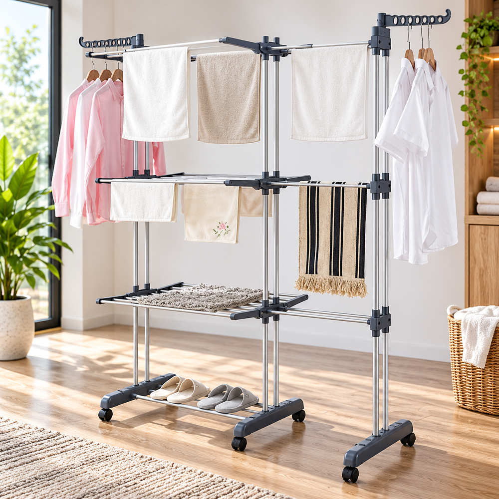 Uscător de Rufe Vertical Dublu cu 3 Niveluri, Pliabil, cu Roți și Suporturi pentru Umerașe, Cadru Metalic Alb, 176 × 138 × 45 cm Powersale