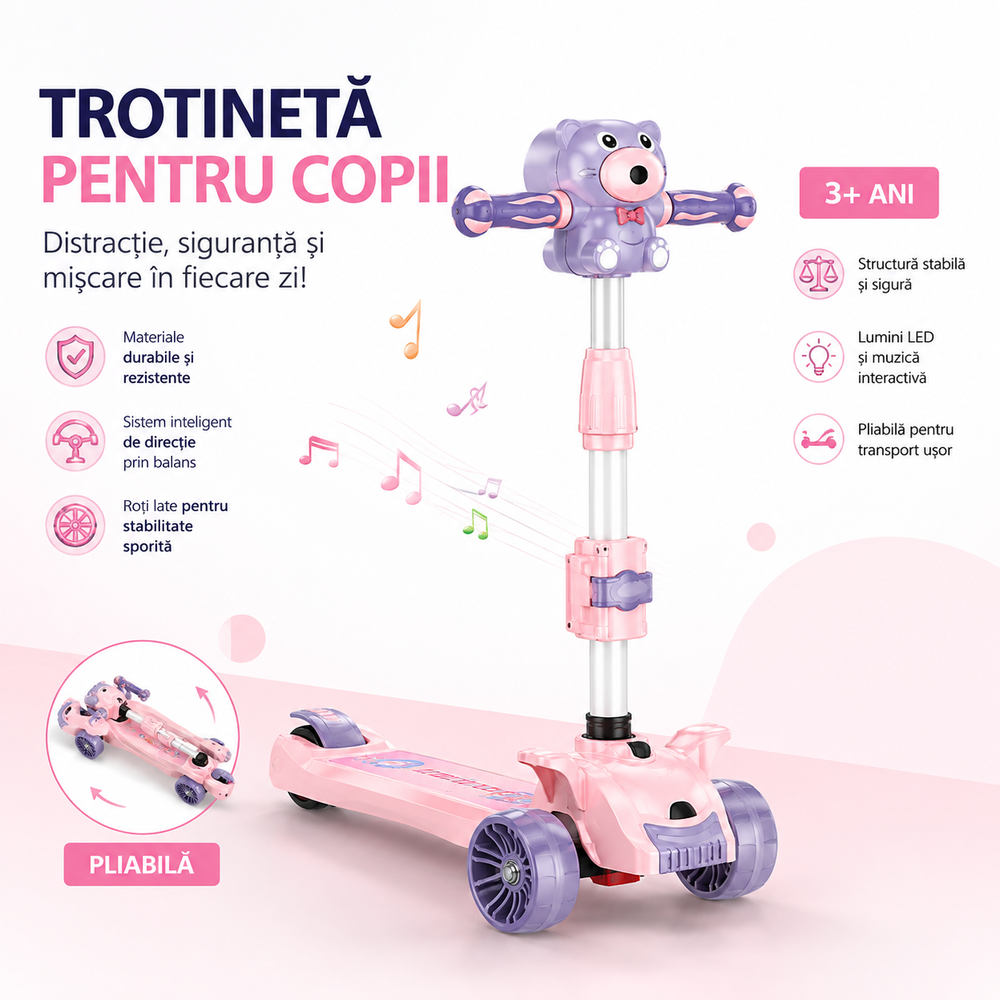 Trotineta multifunctionala copii 3 in 1 cu muzica, baloane de sapun si roti LED, pliabila, ghidon reglabil, scaun detasabil, roz-mov Powersale
